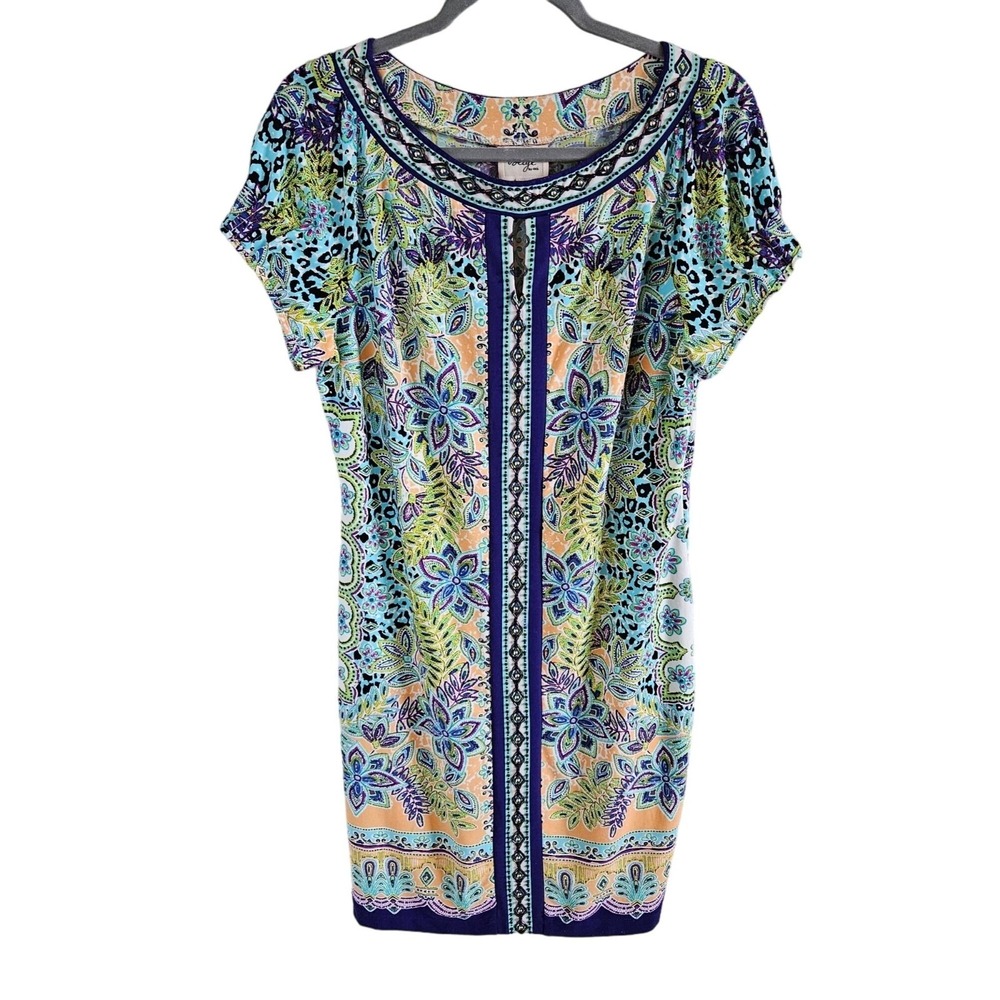 BEIGE by ECI Woman Size M Colorful Floral Dress Embellished Wrinkle free Cruise